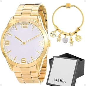 Relogio Feminino Dourado Aço Inox + Pulseira Pandora + Caixa