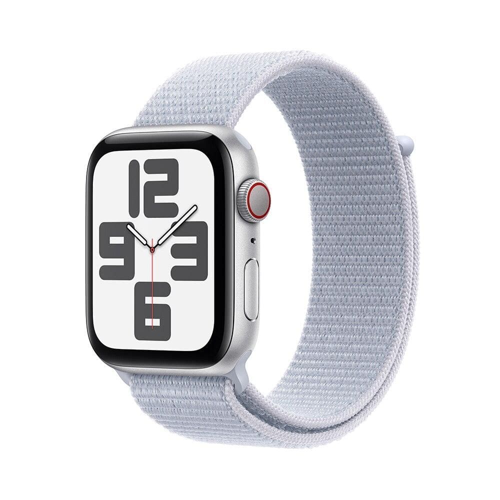 Apple Watch SE GPS + Cellular • Caixa prateada de alumínio – 44 mm • Pulseira loop esportiva nuvem azul