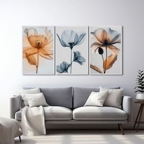 Quadro Decorativo Floral Flores com Caule com 3 Telas de Parede para Sala Quarto Escritório 60cm X 9 Branco