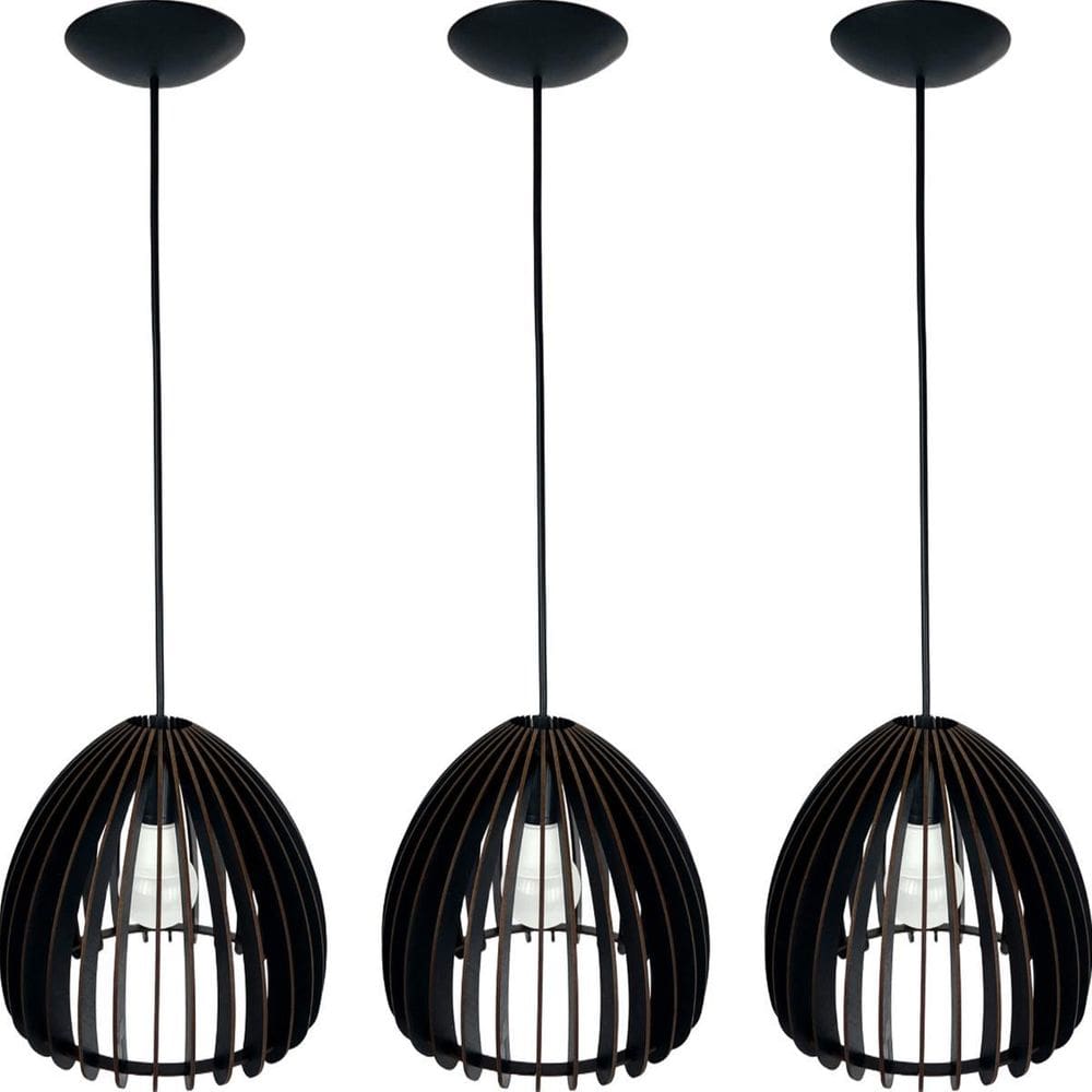 Kit 3 Pendente Lustre Luminaria Teto Mdf Bali Cor Preto
