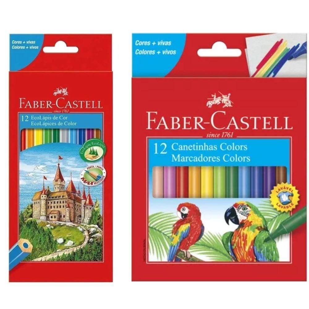 Kit Escolar Infantil Lápis De Cor + Canetinha Hidrográfica 12 Cores Faber-castell