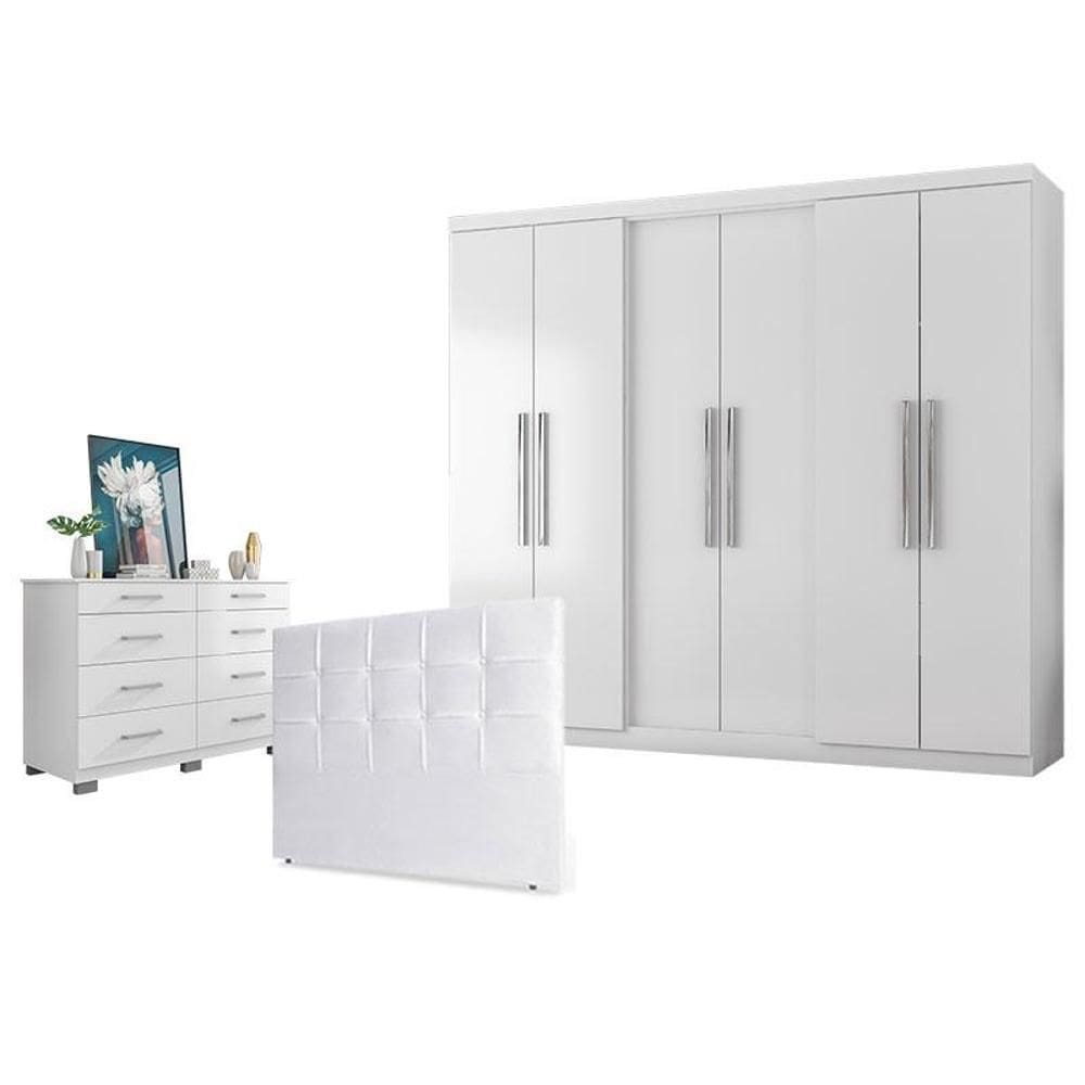 Guarda Roupa Casal Prime 6000 e Cômoda 8050 com Cabeceira Luiza 140cm Branco - Araplac