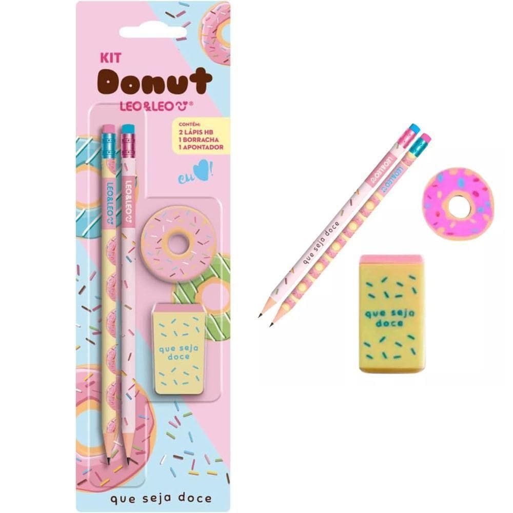 Kit Escolar Com 4 Peças Lápis Grafite Apontador Borracha Donuts Volta As Aulas