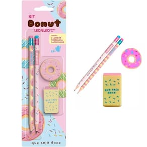Kit Escolar Com 4 Peças Lápis Grafite Apontador Borracha Donuts Volta As Aulas