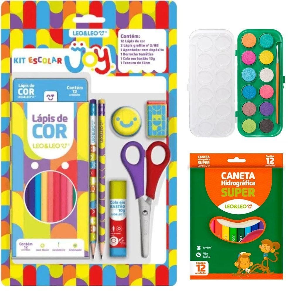 Kit Escolar Volta As Aulas Completo Com Lápis Apontador Tesoura Caneta Hidrográfica E Aquarela Smille
