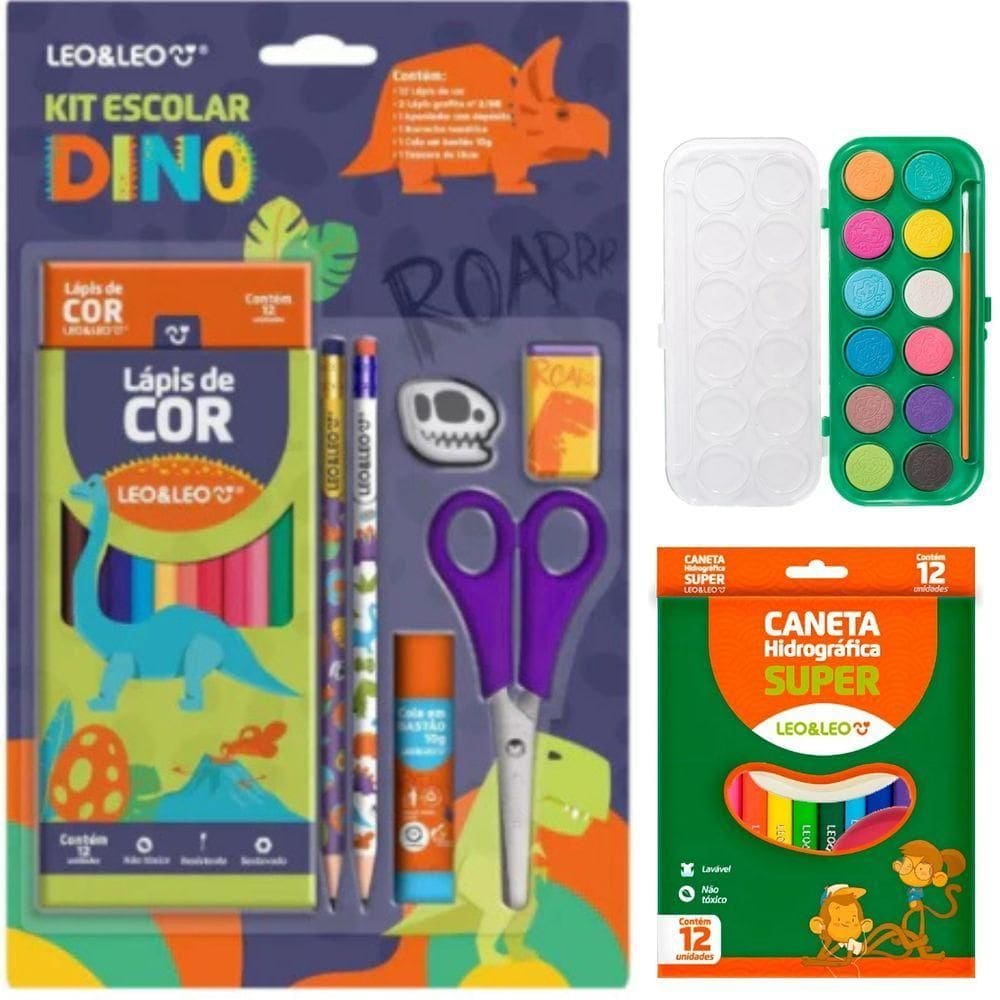 Kit Escolar Volta As Aulas Completo Com Lápis Apontador Tesoura Caneta Hidrográfica E Aquarela Dinossauro