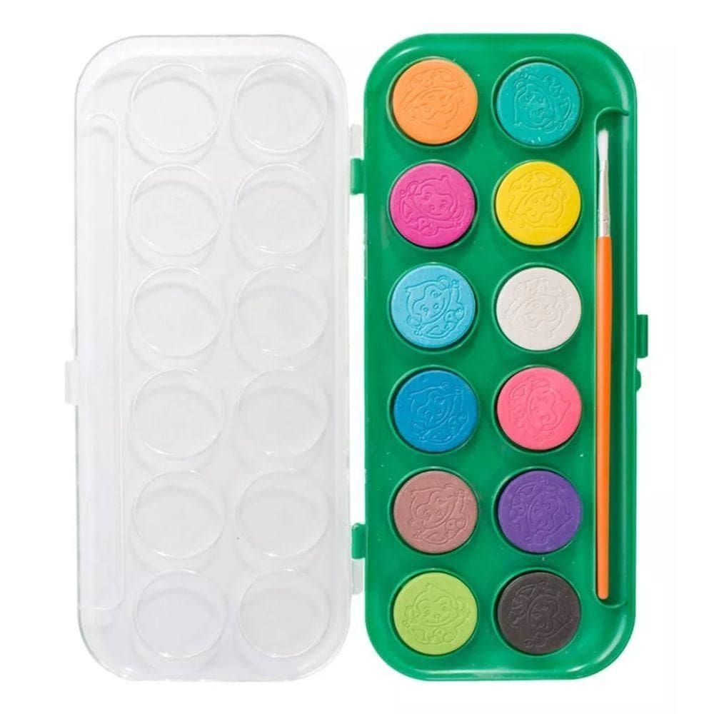Estojo Escolar Aquarela Colorida 12 Cores Tinta + Pincel Kit Pintura Solúvel Em água