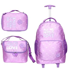 Kit Mochila De Rodinha Bolsa Estojo Lancheira Coração -Lilás