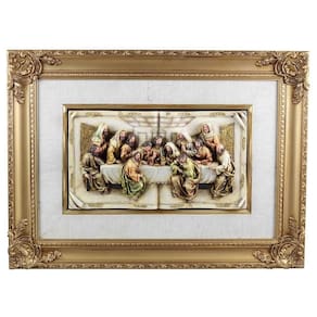 Quadro Santa Ceia Páscoa Dourado Detalhes Em Tecido 74Cm