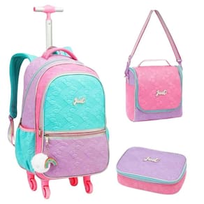 Kit Mochila De Rodinhas Menina Estojo Lancheira Arco-Íris