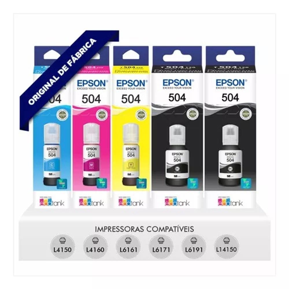 Kit 5 Tintas T504 EPS 504 EcoTank L4150 L4160 L4260 L6161 L6171 L6191 L6270 L14150