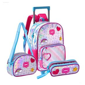 Kit Mochila De Carrinho Holográfica Lancheira Térmica e Estojo