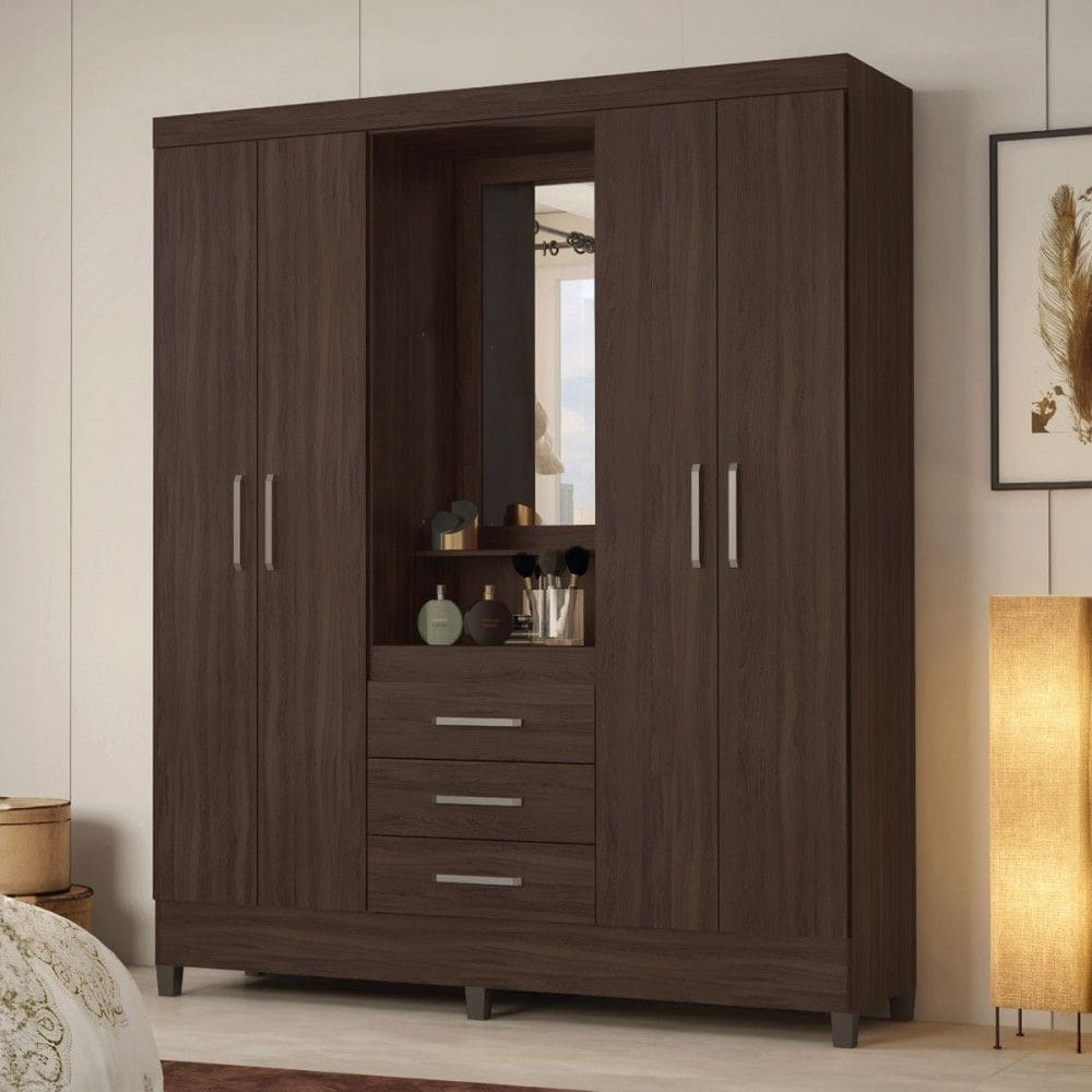 Guarda-Roupa Solteiro Pérsia 4 Portas 3 Gavetas com Espelho Café Touch - Demóbile