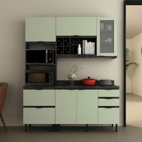 Cozinha Compacta Begônia 6 Portas 4 Gavetas com Vidro Mármore Lunar/Verde Mar - Tecno Mobili