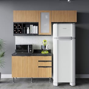 Cozinha Compacta Orquídea 5 Portas 3 Gavetas com Vidro Freijó/Mármore Lunar - Tecno Mobili