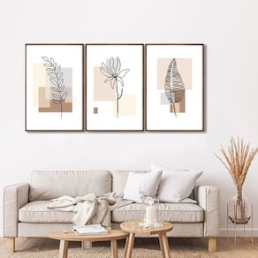 Quadro Decorativo Folhas Abstratas com 3 Telas para Escritório Hall Quarto 60cm X 90cm Marrom