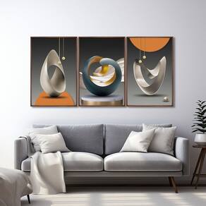 Quadro Decorativo Modelo Formas com 3 Telas para Escritório Hall Quarto 60cm X 90cm Marrom