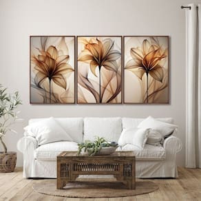 Quadro Decorativo Modelo Floral Abstrato 3 Telas de Parede para Sala Quarto Escritório 60cm X 90cm Marrom