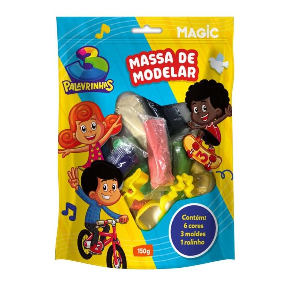 Massa de modelar 6 cores 3 moldes 1 rolinho - 3 palavrinhas - 150 g