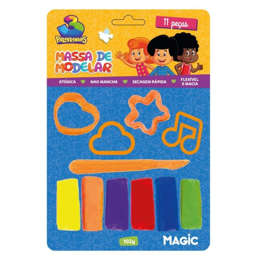 Massa de modelar 6 cores 4 moldes 1 faquinha - 3 palavrinhas