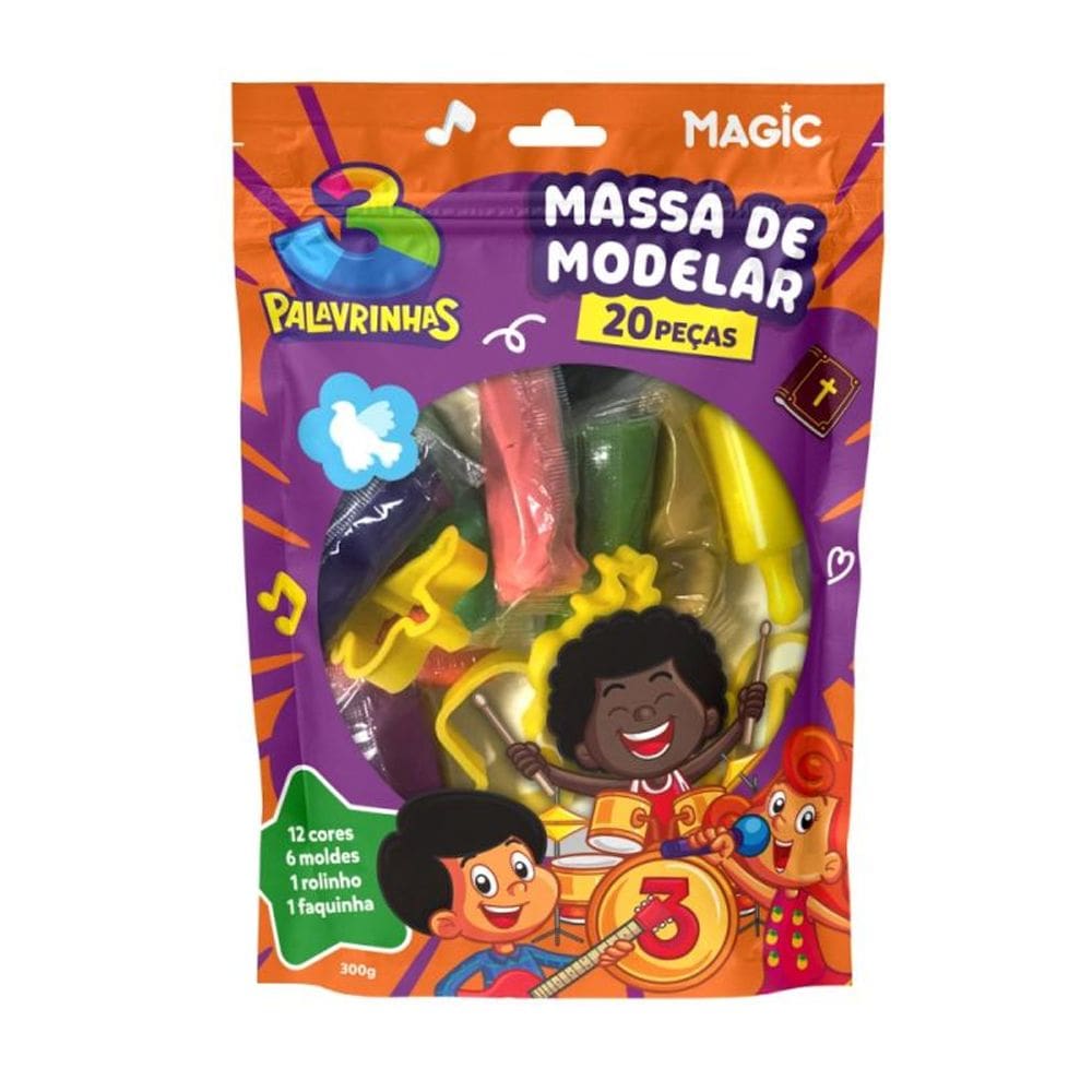 Massa de modelar 12 cores  6 moldes 1 rolinho 1 faquinha 3 palavrinhas