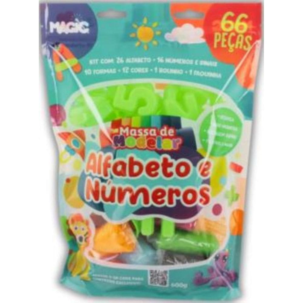 Massa De Modelar 66 Pecas - Alfabeto, Sinais E Numeros - 600G
