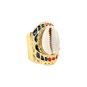 Anel Ajustável Búzios Preto Verm 3,3 Cm Dourado Em Metal