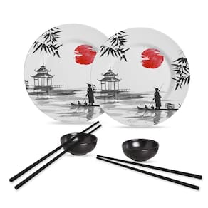 Kit 6pç Prato + Molheira + Hashi Preto Japanese - Alleanza