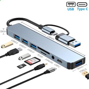 Hub Usb 8 Em 1, Com Leitor De Cartão, Porta Usb-C, Usb