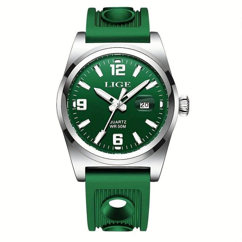 Relógio Esportivo De Quartzo Estilo Vintage Masculino Impermeável 50m Display Luminoso Verde Prateado