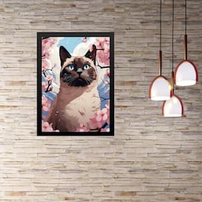 Quadro Gato Siamês Flores Cerejeira 45X34Cm - Com Vidro