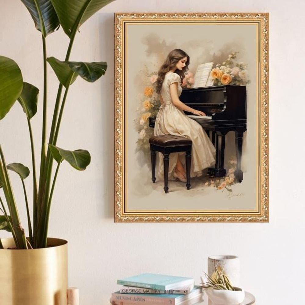 Quadro Decorativo Mulher E Piano 45X34Cm - Com Vidro