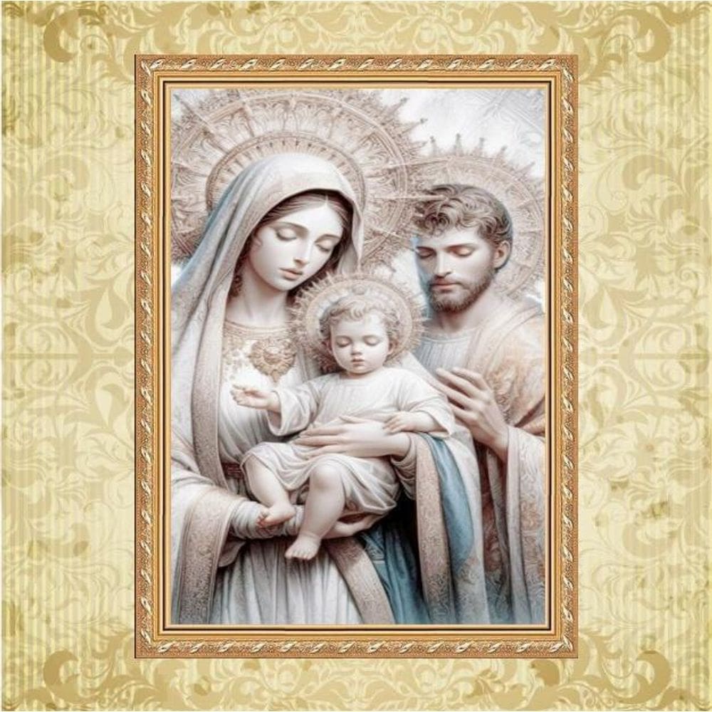 Quadro Moldura Dourada Sagrada Família Prateada 33X24Cm