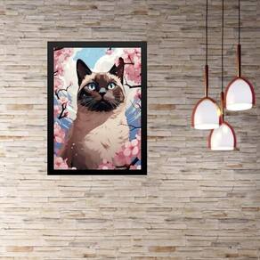 Quadro Gato Siamês Flores Cerejeira 24X18Cm - Com Vidro