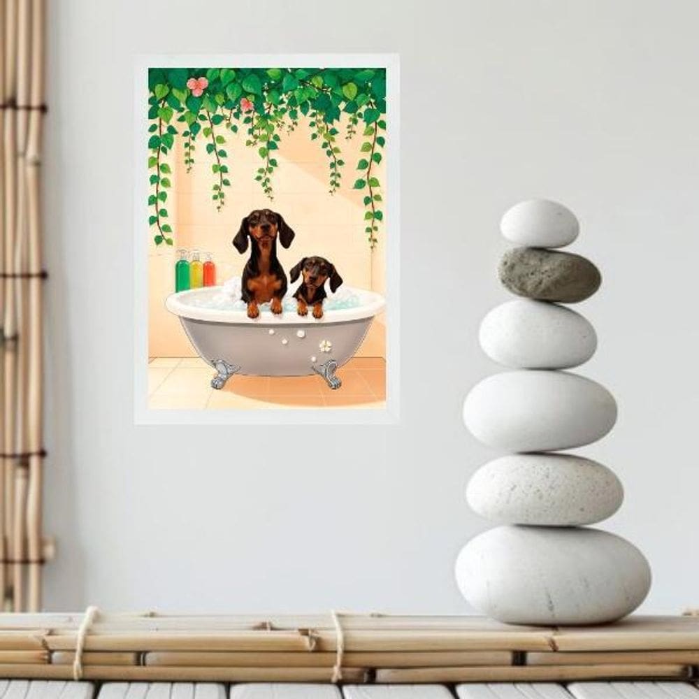 Quadro Banheiro Dachshunds Na Banheira 24X18Cm - Com Vidro