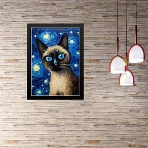 Quadro Gato Siamês Noite Estrelada 24X18Cm - Com Vidro