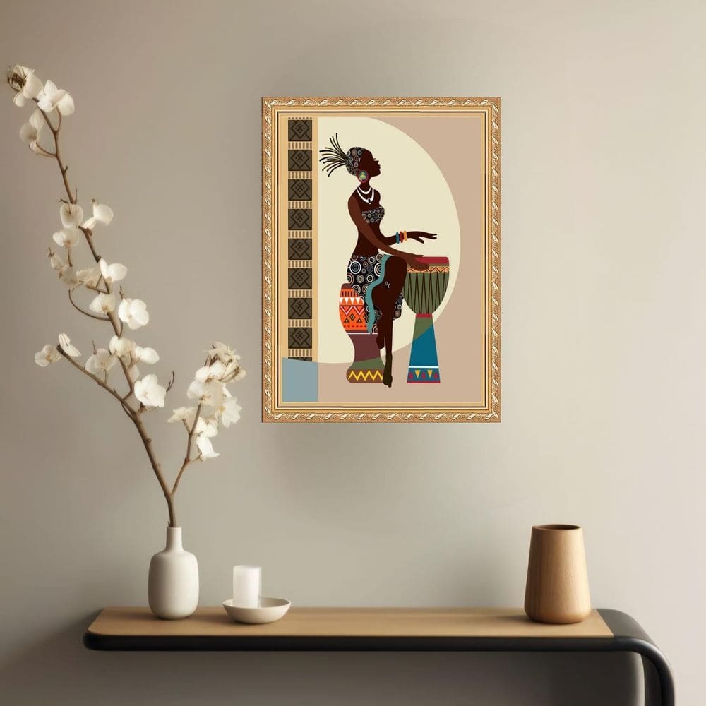 Quadro Decorativo Mulher Negra Tocando Tambor 45X34Cm Vidro