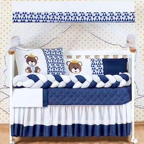 Kit Jogo De Berço Menino Urso Rei 13 Peças Azul Marinho