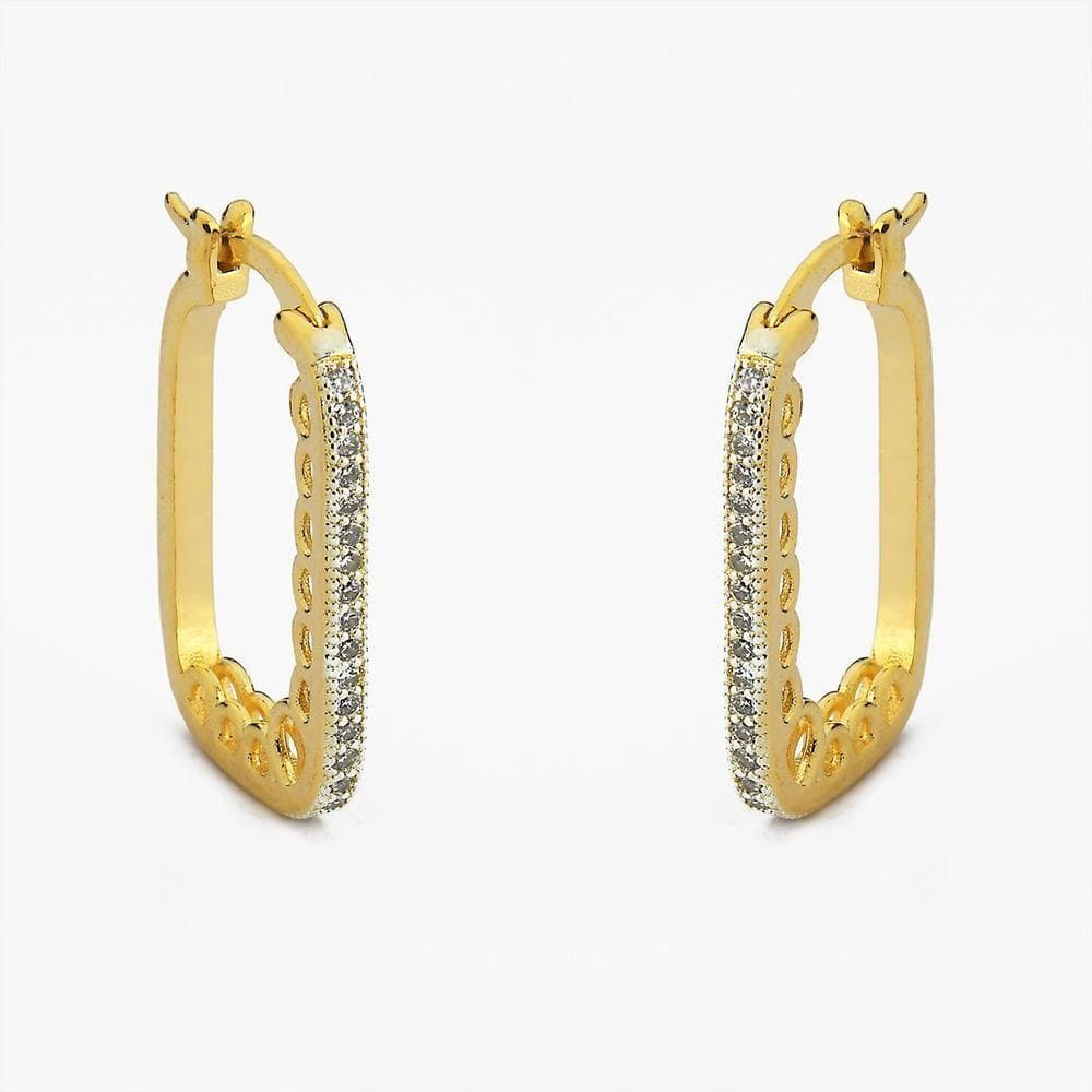 Brinco Argola Retangular Folheada A Ouro 18k Metade Cravejada Com Zircônia