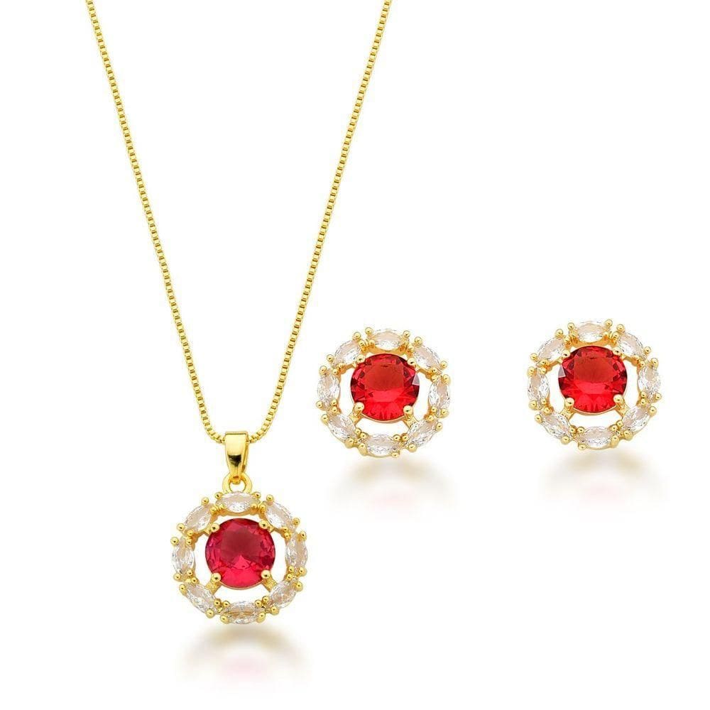 Conjunto Colar E Brincos Com Zirconia Vermelha Banhada A Ouro 18k