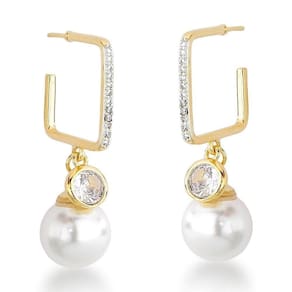Brinco Argola Quadrada Com Perola E Zirconia Banhada A Ouro 18k