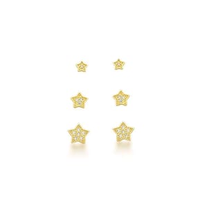 Kit Trio De Brincos Estrelas Banhadas A Ouro 18k