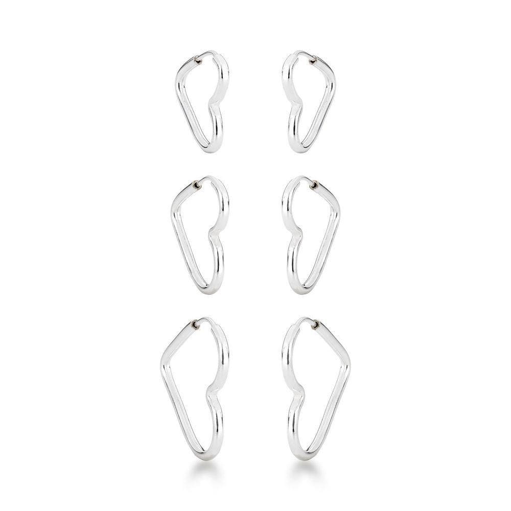 Trio De Brincos Argola Coração Lisa Em Prata - Elegância Atemporal