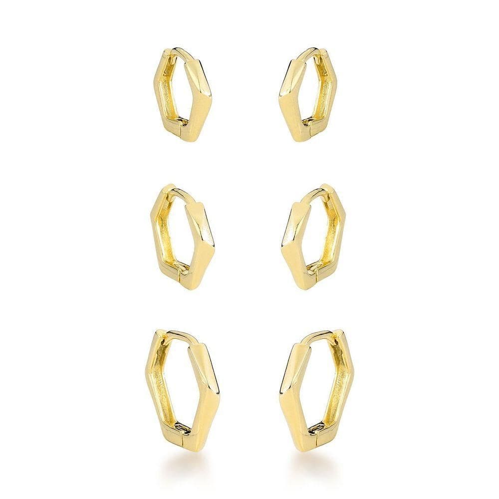 Trio De Brincos Argola Sextavadas Banhadas A Ouro 18k