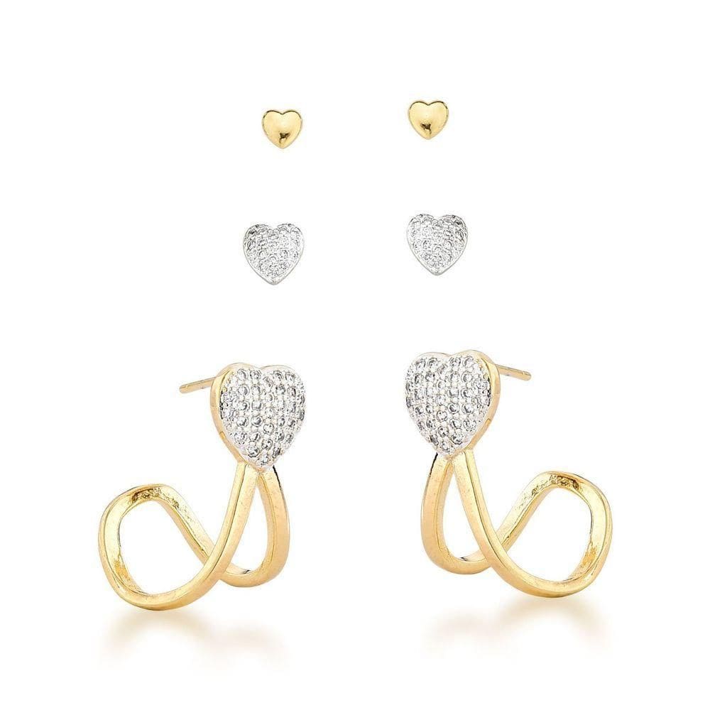 Trio De Brincos Argola E Dois Corações Banhados A Ouro 18k