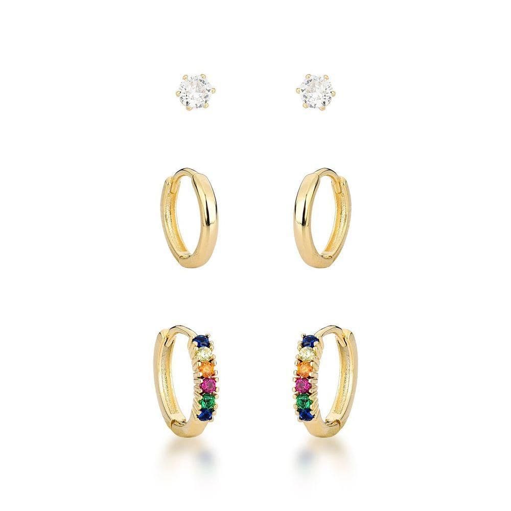 Trio De Brincos Premium - Ouro 18k Banhado, Pedras De Zircônia E Detalhes Coloridos