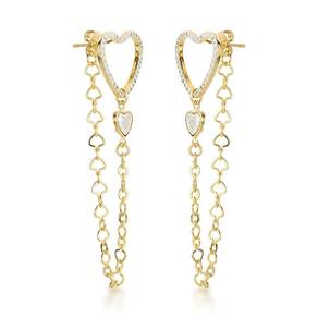 Brincos Longos De Coração Com Zircônio Banhados A Ouro 18k – Glamour Sutil