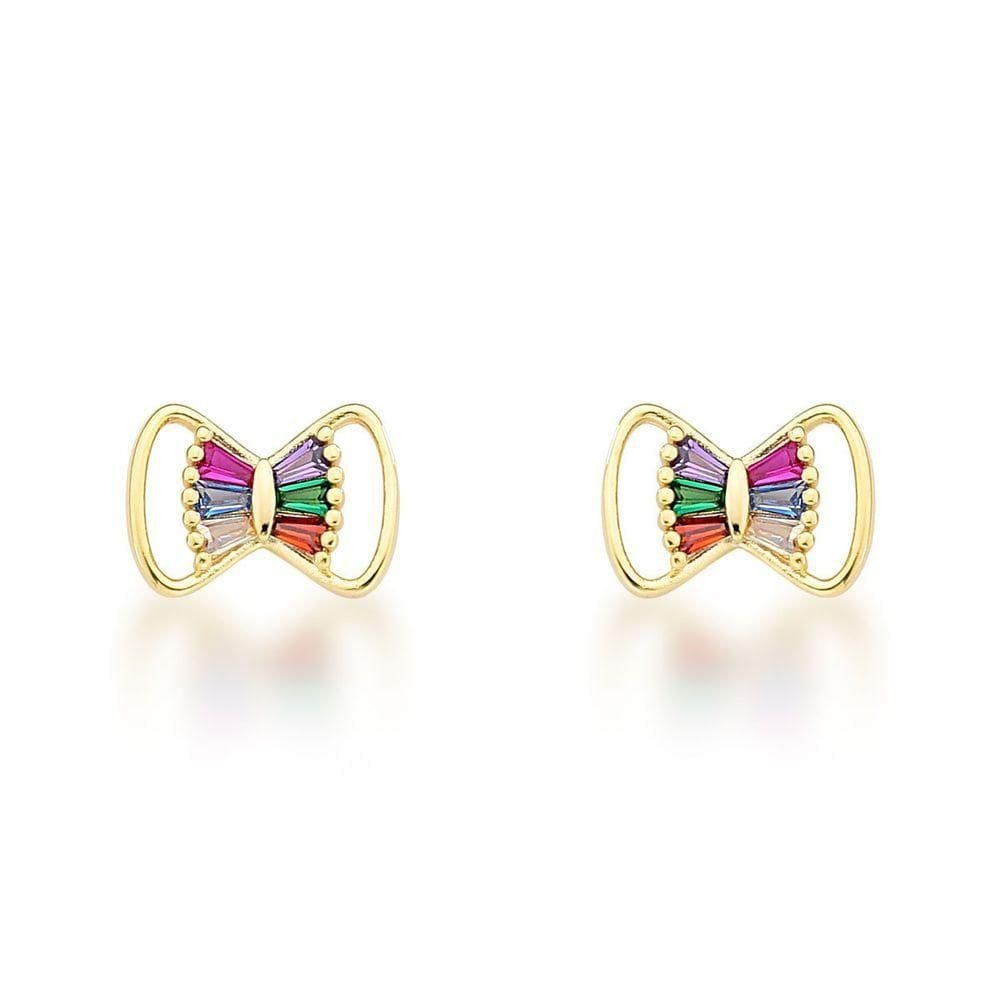 Brinco Laço Colorido Banhado A Ouro 18k