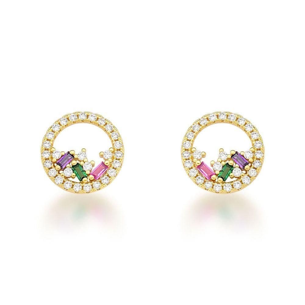 Brinco Redondo Com Zirconias Coloridas Banhado A Ouro 18k