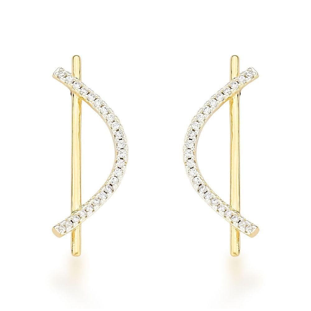 Brinco Delicado Palito Com Onda Cravejada Banhado A Ouro 18k